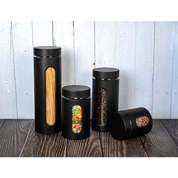 GADGETWIZ Glass Canister Set of 4 for Sugar, Matte Black Kitchen Counter Decor and Accessories