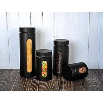 GADGETWIZ Glass Canister Set of 4 for Sugar, Matte Black Kitchen Counter Decor and Accessories