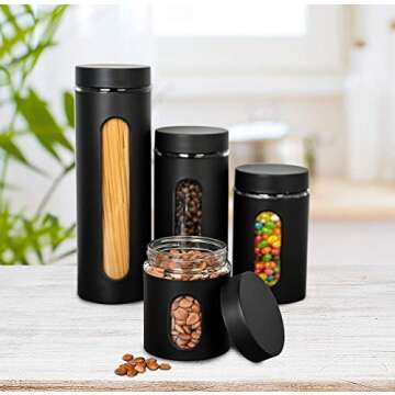GADGETWIZ Glass Canister Set of 4 for Sugar, Matte Black Kitchen Counter Decor and Accessories