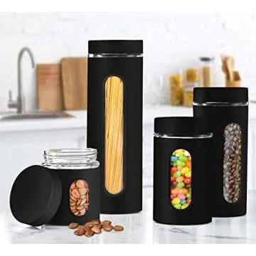 GADGETWIZ Glass Canister Set of 4 for Sugar, Matte Black Kitchen Counter Decor and Accessories