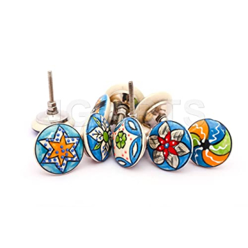 DORPMARKET 10 Pieces Set of Sky Blue Color Ceramic Knobs Drawer Pulls with Different Design & Chrome...