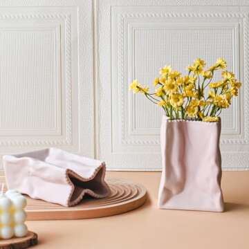 LIZOFER Modern Paper Bag Shape Ceramic Vase Set of 2 for Living Room Bedroom 5.59'' Pink Minimalist ...