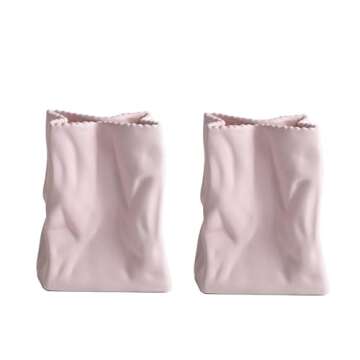 LIZOFER Modern Paper Bag Shape Ceramic Vase Set of 2 for Living Room Bedroom 5.59'' Pink Minimalist Unique Creative Fresh Flower Vases for Home Decor Office Centerpieces Gift for Fake Plant