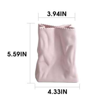 LIZOFER Modern Paper Bag Shape Ceramic Vase Set of 2 for Living Room Bedroom 5.59'' Pink Minimalist Unique Creative Fresh Flower Vases for Home Decor Office Centerpieces Gift for Fake Plant