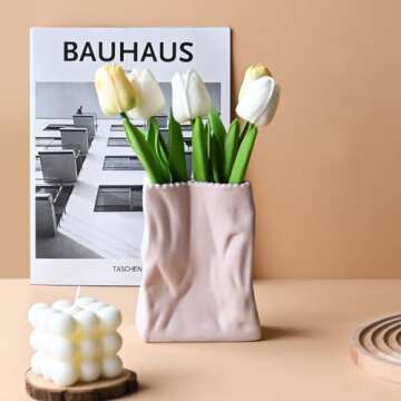 LIZOFER Modern Paper Bag Shape Ceramic Vase Set of 2 for Living Room Bedroom 5.59'' Pink Minimalist Unique Creative Fresh Flower Vases for Home Decor Office Centerpieces Gift for Fake Plant