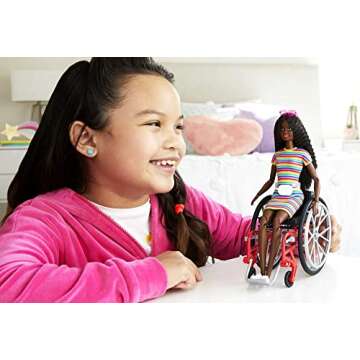 Barbie Fashionistas Doll #166 with Wheelchair and Ramp, Crimped Brunette Hair and Rainbow-Striped Dr...