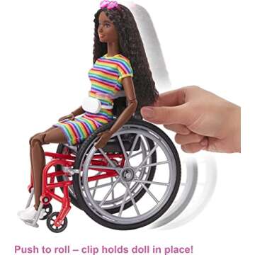 Barbie Fashionistas Doll #166 with Wheelchair and Ramp, Crimped Brunette Hair and Rainbow-Striped Dress with Accessories (Amazon Exclusive)