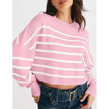 MEROKEETY Casual Oversized Round Neck Drop Shoulder Striped Color Block Short Sweaters for Women, Pi...