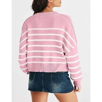 MEROKEETY Casual Oversized Round Neck Drop Shoulder Striped Color Block Short Sweaters for Women, Pink, Medium