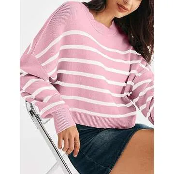 MEROKEETY Casual Oversized Round Neck Drop Shoulder Striped Color Block Short Sweaters for Women, Pink, Medium