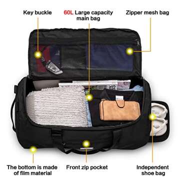 Lyweem 60L Duffle Bag for Men Travel Duffel Bag Large Size for Women Weekender Overnight with Shoes Compartment Multifunctional Gym Bags, Black