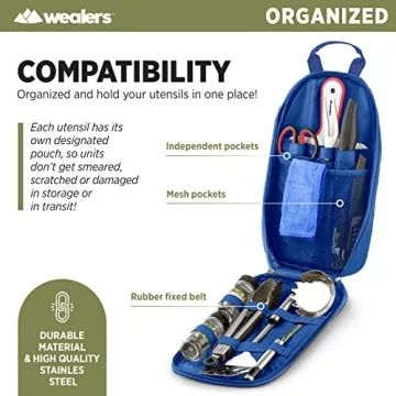 12 Piece Camp Kitchen Cooking Utensil Set Travel Organizer Grill Accessories Portable Compact Gear for Backpacking BBQ Camping Hiking Travel Cookware Kit Water Resistant Case (Blue)