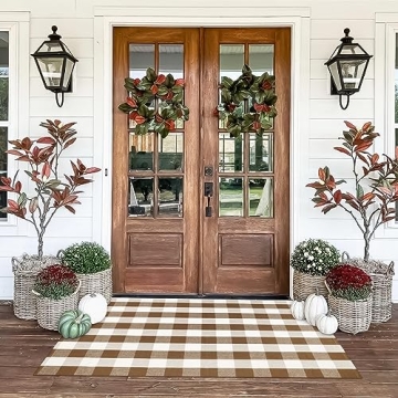 LEEVAN Cotton Buffalo Plaid Rugs 4x6 Coffee Checkered Rug Washable Woven Outdoor Porch Welcome Braid...