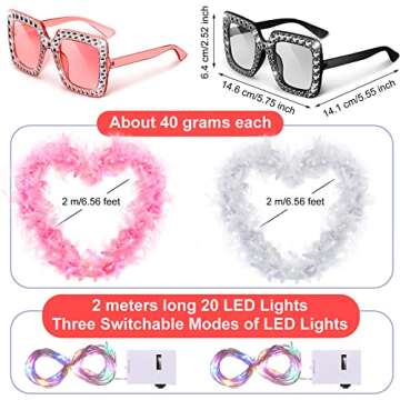 2 Pack LED Feather Boas, String LED Lights with Rhinestone Sunglasses for Halloween Party Wedding Decoration(Vivid Color)