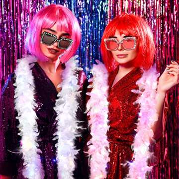 2 Pack LED Feather Boas, String LED Lights with Rhinestone Sunglasses for Halloween Party Wedding Decoration(Vivid Color)