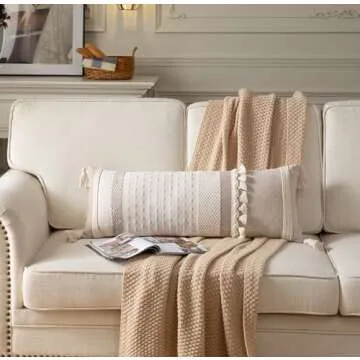 Caflife Boho Lumbar Throw Pillow Cover 14X36 Long Decorative Pillows for Bed, Taupe Beige Woven Body...