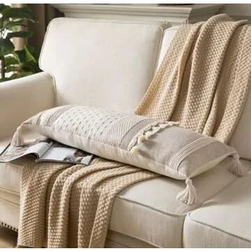 Caflife Boho Lumbar Throw Pillow Cover 14X36 Long Decorative Pillows for Bed, Taupe Beige Woven Body Pillow Cover for Farmhouse Chair Sofa Bedroom Living Room Home Decor Couch Cushion Case, Pack of 1