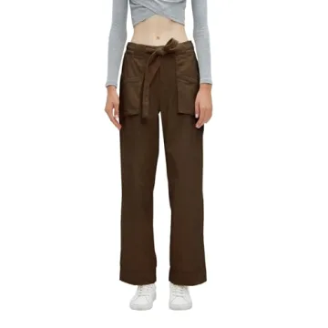 EZAPINE Women's Corduroy Pants Straight Leg Elastic High Waist Belt Cord Pants Trousers with Pockets Brown