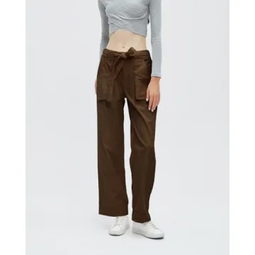 EZAPINE Women's Corduroy Pants Straight Leg Elastic High Waist Belt Cord Pants Trousers with Pockets Brown