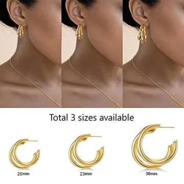 SWEETV Chunky Gold Hoop Earrings 20mm Thick for Women Triple Hoops Sterling Silver Open Earring
