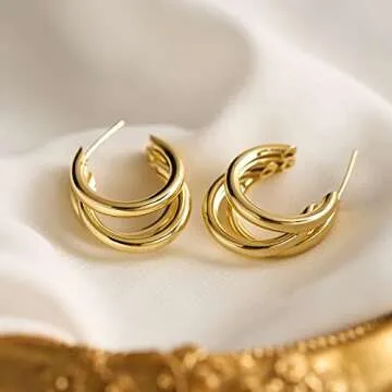 SWEETV Chunky Gold Hoop Earrings 20mm Thick for Women Triple Hoops Sterling Silver Open Earring