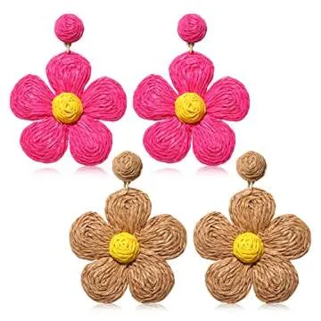 NLCAC 2 Pairs Rattan Earrings Summer Boho Handwoven Rattan Flower Drop Earrings Statement Tropical B...