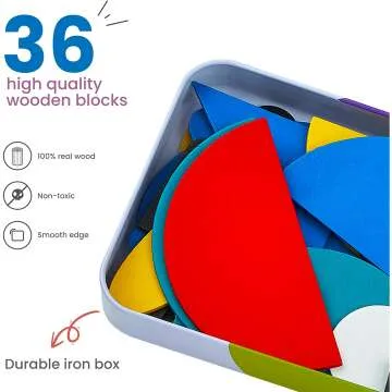 LIKEE Wooden Pattern Blocks for Toddlers - 36 Shapes