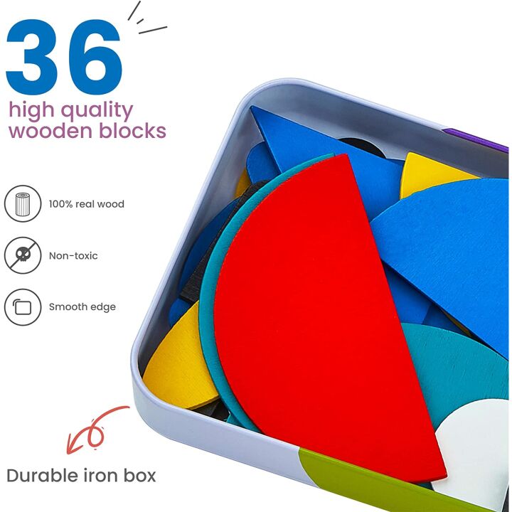 LIKEE Wooden Pattern Blocks for Toddlers - 36 Shapes