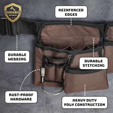 19 Pocket Brown and Black Heavy Duty Construction Tool Belt, Work Apron, Tool Pouch, with Poly Web Belt Quick Release Buckle - Adjusts from 33” Inches All the Way to 50” Inches