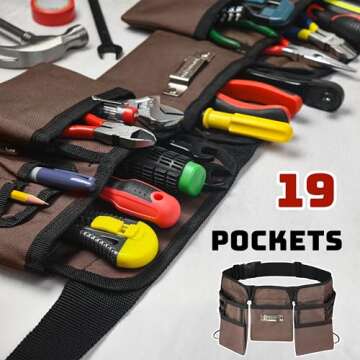 19 Pocket Brown and Black Heavy Duty Construction Tool Belt, Work Apron, Tool Pouch, with Poly Web Belt Quick Release Buckle - Adjusts from 33” Inches All the Way to 50” Inches