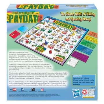 The Game of Pay Day With Popular 1970's Artwork by Winning Moves Games USA, where Players Make and Spend Money for Fun, for 2-4 Players, Ages 8+