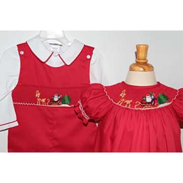 Girls Red Christmas Bishop Dress with Smocked Santa and Sleigh for The Holidays