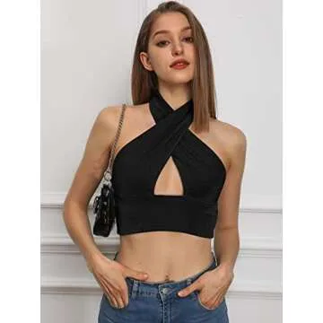 Dealmore Women's Halter Criss Cross Backless Sleeveless Crop Top Summer Going Out Sexy Cute Y2k Cami Tank Bustier Corset Black