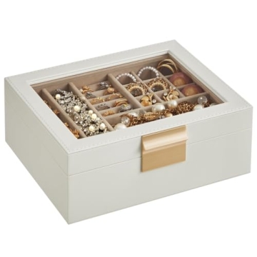 SONGMICS Jewelry Box - Elegant Cloud White Jewelry Organizer with Glass Lid and Gold Accents