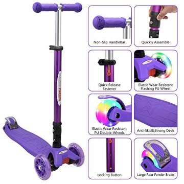 ChromeWheels Scooters for Kids, Deluxe Kick Scooter Foldable 4 Adjustable Height 132lbs Weight Limit 3 Wheel, Lean to Steer LED Light Up Wheels, Best Gifts for Girls Boys Age 3-12 Year Old, Purple