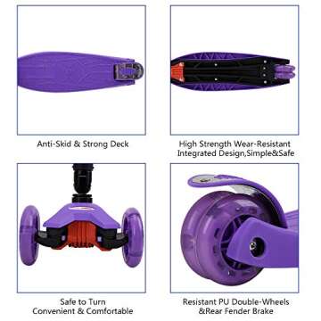 ChromeWheels Scooters for Kids, Deluxe Kick Scooter Foldable 4 Adjustable Height 132lbs Weight Limit 3 Wheel, Lean to Steer LED Light Up Wheels, Best Gifts for Girls Boys Age 3-12 Year Old, Purple