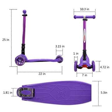 ChromeWheels Scooters for Kids, Deluxe Kick Scooter Foldable 4 Adjustable Height 132lbs Weight Limit 3 Wheel, Lean to Steer LED Light Up Wheels, Best Gifts for Girls Boys Age 3-12 Year Old, Purple