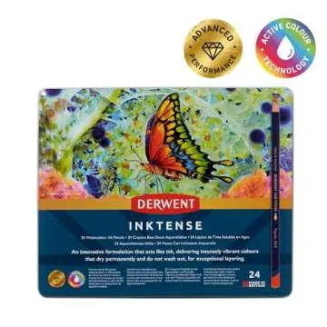 Derwent Inktense Pencils Tin, Set of 24, Great for Holiday Gifts, 4mm Round Core, Firm Texture, Watersoluble, Ideal for Watercolor, Drawing, Coloring and Painting on Paper and Fabric (0700929)