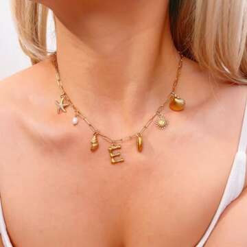 Gold Initial Charm Necklace for Women Gold Shell Starfish Necklace Summer Beach Charms Necklaces for Women Beach Jewelry Gift Initial K