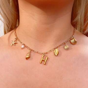 Gold Initial Charm Necklace for Women Gold Shell Starfish Necklace Summer Beach Charms Necklaces for Women Beach Jewelry Gift Initial K