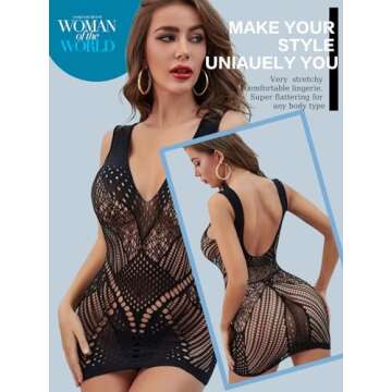 SeaFever Sexy Lingerie for Women Fishnet See Through Bodysuit One Piece V-Neck Mini Dress Intimates ...