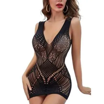 SeaFever Sexy Lingerie for Women Fishnet See Through Bodysuit One Piece V-Neck Mini Dress Intimates Sex Clearance Strapless Mesh Chemise Babydoll (Black)