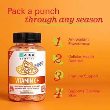 Zhou Nutrition Vitamin C+ Immune Support Gummies Max Strength with Rose Hips & Bioflavonoids, Non-GMO, Vegan, Gluten Free, Orange Blast Flavor, 60 Count