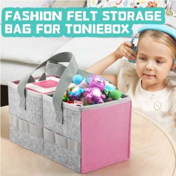 Carrying Case for Toniebox Starter Set and Tonies Figurines, Travel Felt Cloth Musical Toy Folding Bag for Toniebox Accessories (Pink)