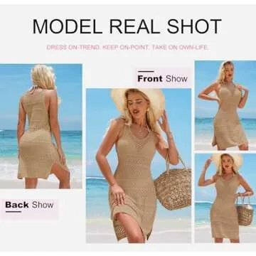 Dokotoo Bathing Suit Cover up for Women 2025 Summer Crewneck Sleeveless Hollow Out Knit Side Split Swimsuit Coverup Crochet Dress Boho Clothes Beach Outfits Beige Small