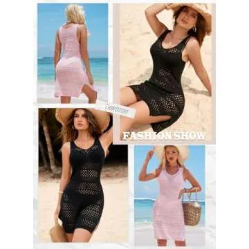 Dokotoo Bathing Suit Cover up for Women 2025 Summer Crewneck Sleeveless Hollow Out Knit Side Split Swimsuit Coverup Crochet Dress Boho Clothes Beach Outfits Beige Small
