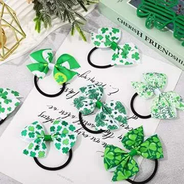 Whaline 12Pcs St. Patrick's Day Bow Hair Ponytail Holders Shamrock Clover Prints Bow Hair Scrunchies Green White Hair Ties Irish Holiday Elastic Hair Bands for Women Girls Teens Hair Accessories