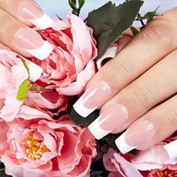 cobee Press on Nails Square Long, 360 Pcs Coffin Fake Nails French Tip Nude Color False Nail Glossy ...