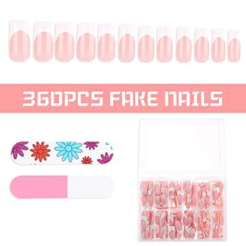 cobee Press on Nails Square Long, 360 Pcs Coffin Fake Nails French Tip Nude Color False Nail Glossy Full Cover Glue on Nails Ballerina Nail Art Manicure Decorations for Women Girls(Rectangle)