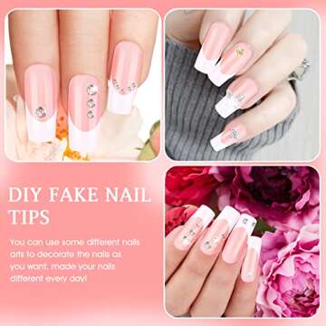 cobee Press on Nails Square Long, 360 Pcs Coffin Fake Nails French Tip Nude Color False Nail Glossy Full Cover Glue on Nails Ballerina Nail Art Manicure Decorations for Women Girls(Rectangle)